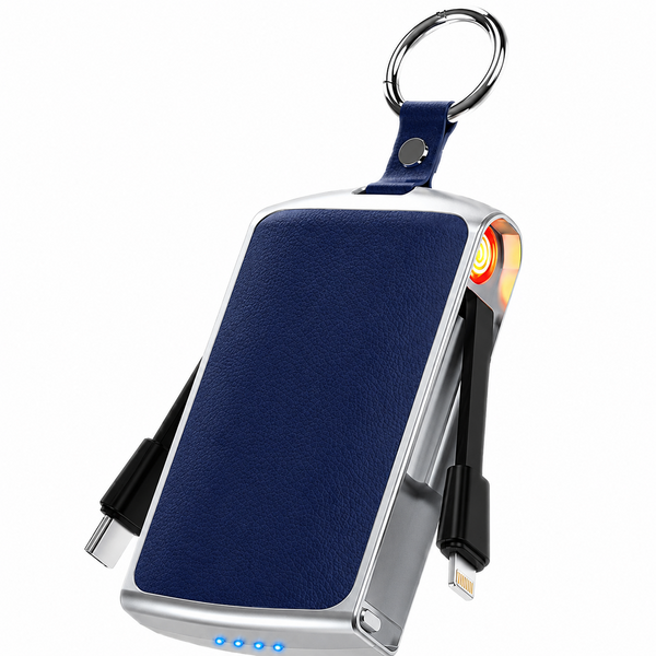 K106 Portable Mini Keychain Power Bank – Dual Charging Cable Emergency Battery with Cigarette Lighter (Blue)
