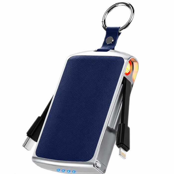 K106 Portable Mini Keychain Power Bank – Dual Charging Cable Emergency Battery with Cigarette Lighter (Blue)